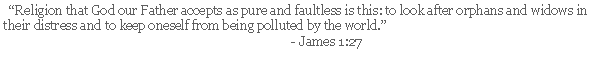 Text Box: &nbsp; �Religion that God our Father accepts as pure and faultless is this: to look after orphans and widows in their distress and to keep oneself from being polluted by the world.�                                                                                                 						- James 1:27